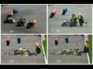 Combo sequence of Simoncelli in crash with Edwards and Rossi at Malaysian MotoGP in Sepang